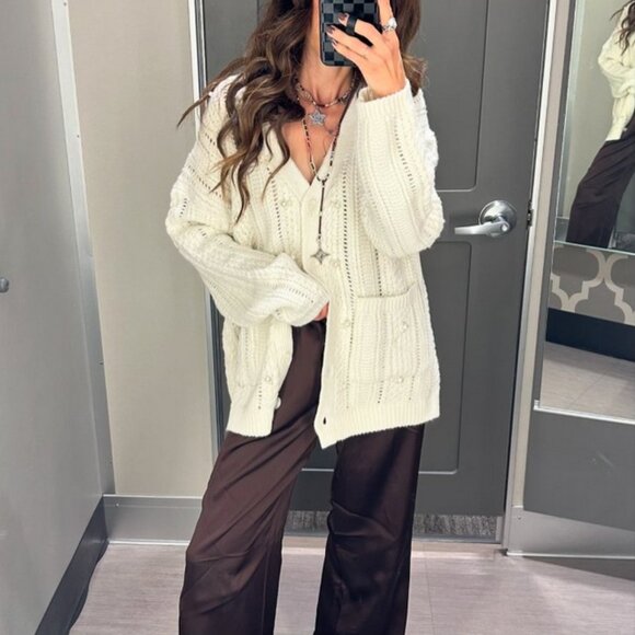 Women's Holiday Embellished Relaxed Cardigan - Future Collective Cream M - Picture 2 of 4